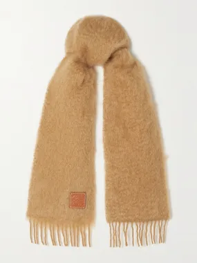 Appliquéd fringed mohair-blend scarf