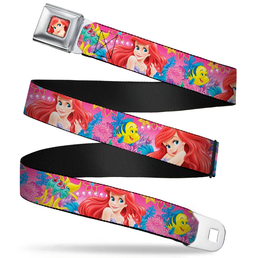 Ariel Face4 Full Color Pink Blue Seatbelt Belt - Ariel/Flounder/Fish Trio Poses Pinks Webbing