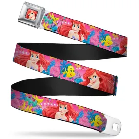 Ariel Face4 Full Color Pink Blue Seatbelt Belt - Ariel/Flounder/Fish Trio Poses Pinks Webbing