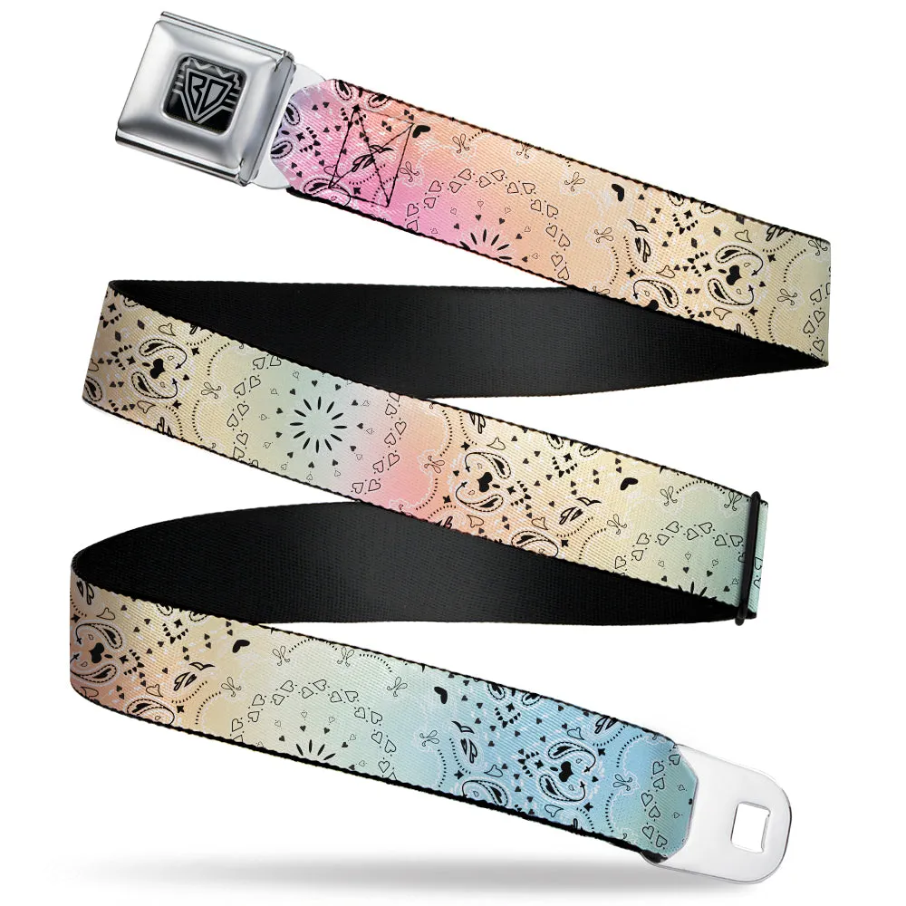 BD Wings Logo CLOSE-UP Black/Silver Seatbelt Belt - Bandana Paisley Ombre Pastel/Black Webbing