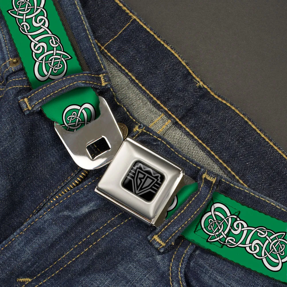 BD Wings Logo CLOSE-UP Black/Silver Seatbelt Belt - Celtic Knot2 Greens/Black/White Webbing