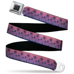 BD Wings Logo CLOSE-UP Black/Silver Seatbelt Belt - Palm Treeline Silhouette Pink Fade/Purple Webbing