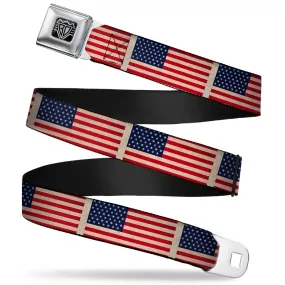 BD Wings Logo CLOSE-UP Full Color Black Silver Seatbelt Belt - American Flag Weathered Color Repeat Webbing