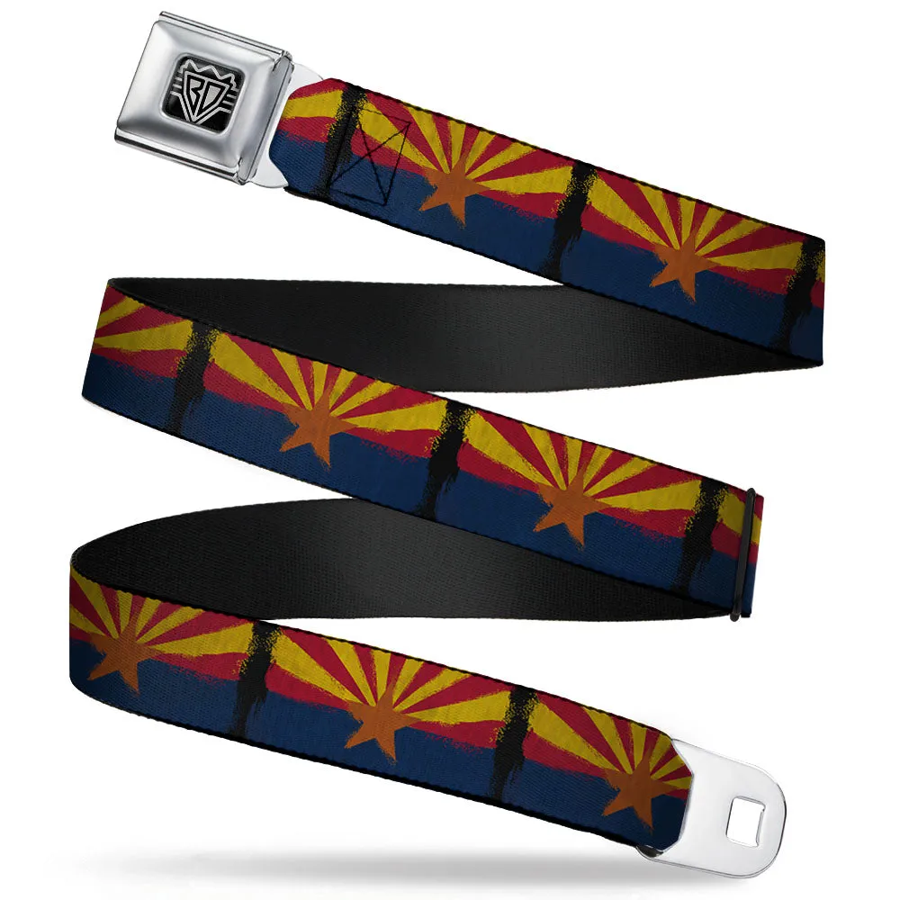 BD Wings Logo CLOSE-UP Full Color Black Silver Seatbelt Belt - Arizona Flag Distressed Painting Webbing