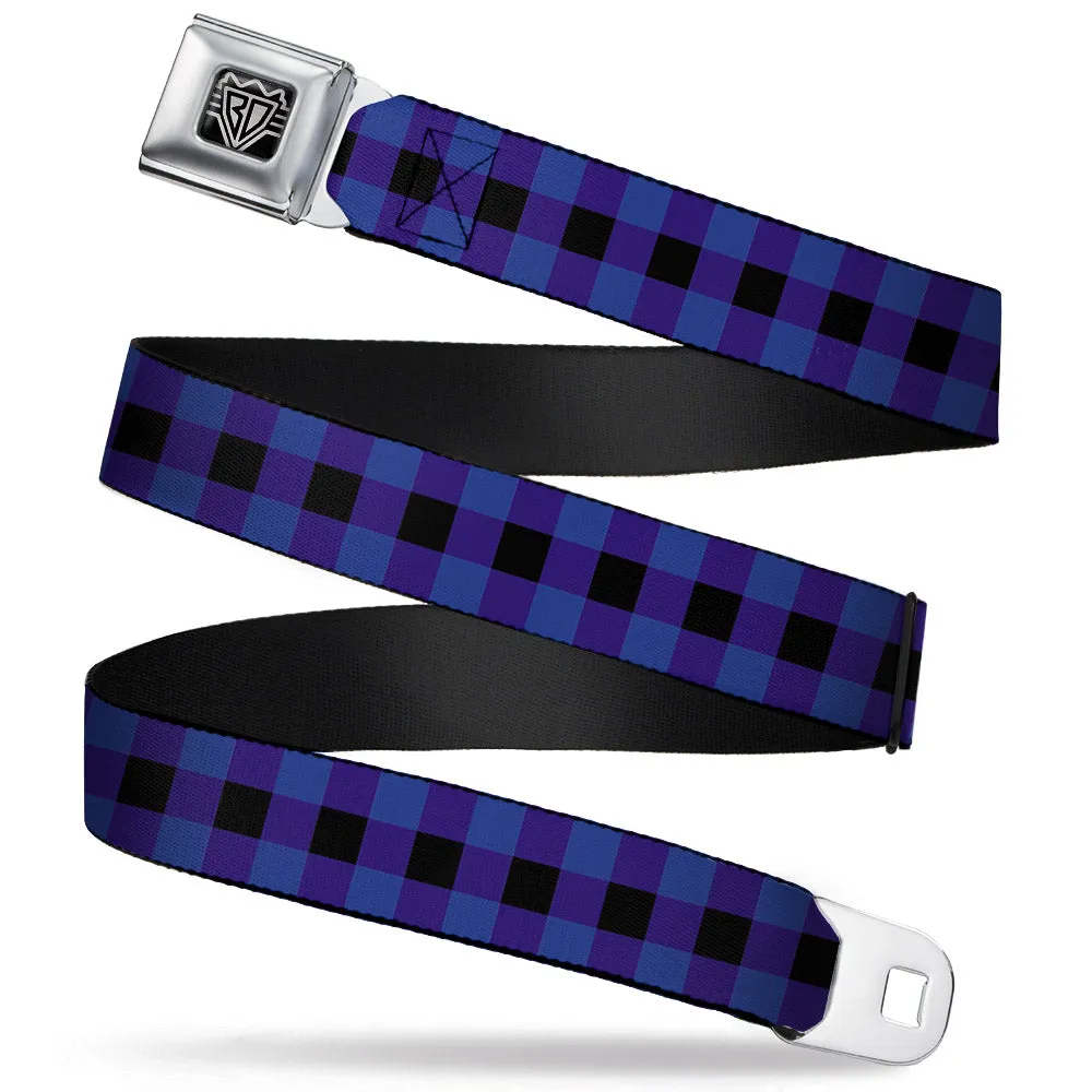 BD Wings Logo CLOSE-UP Full Color Black Silver Seatbelt Belt - Buffalo Plaid Black/Blue Webbing