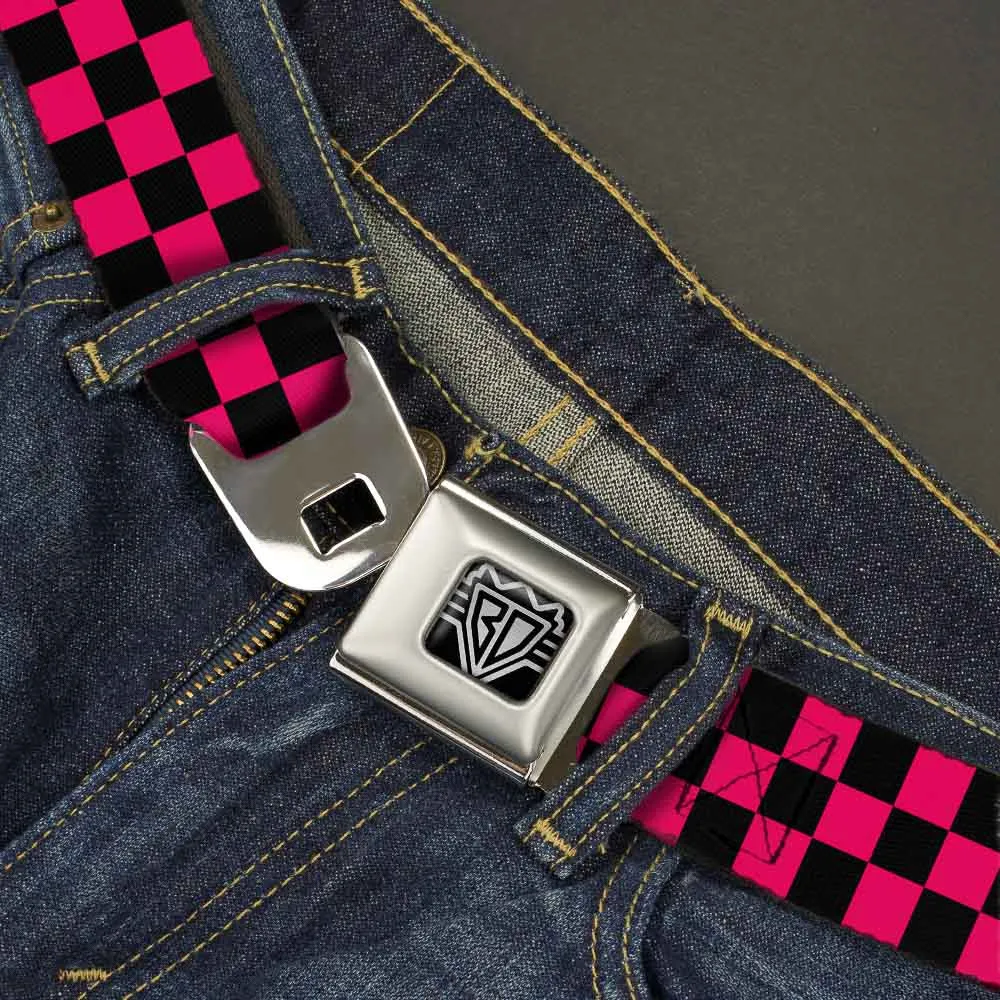 BD Wings Logo CLOSE-UP Full Color Black Silver Seatbelt Belt - Checker Black/Neon Pink Webbing