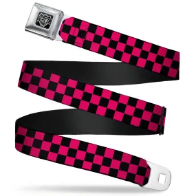 BD Wings Logo CLOSE-UP Full Color Black Silver Seatbelt Belt - Checker Black/Neon Pink Webbing