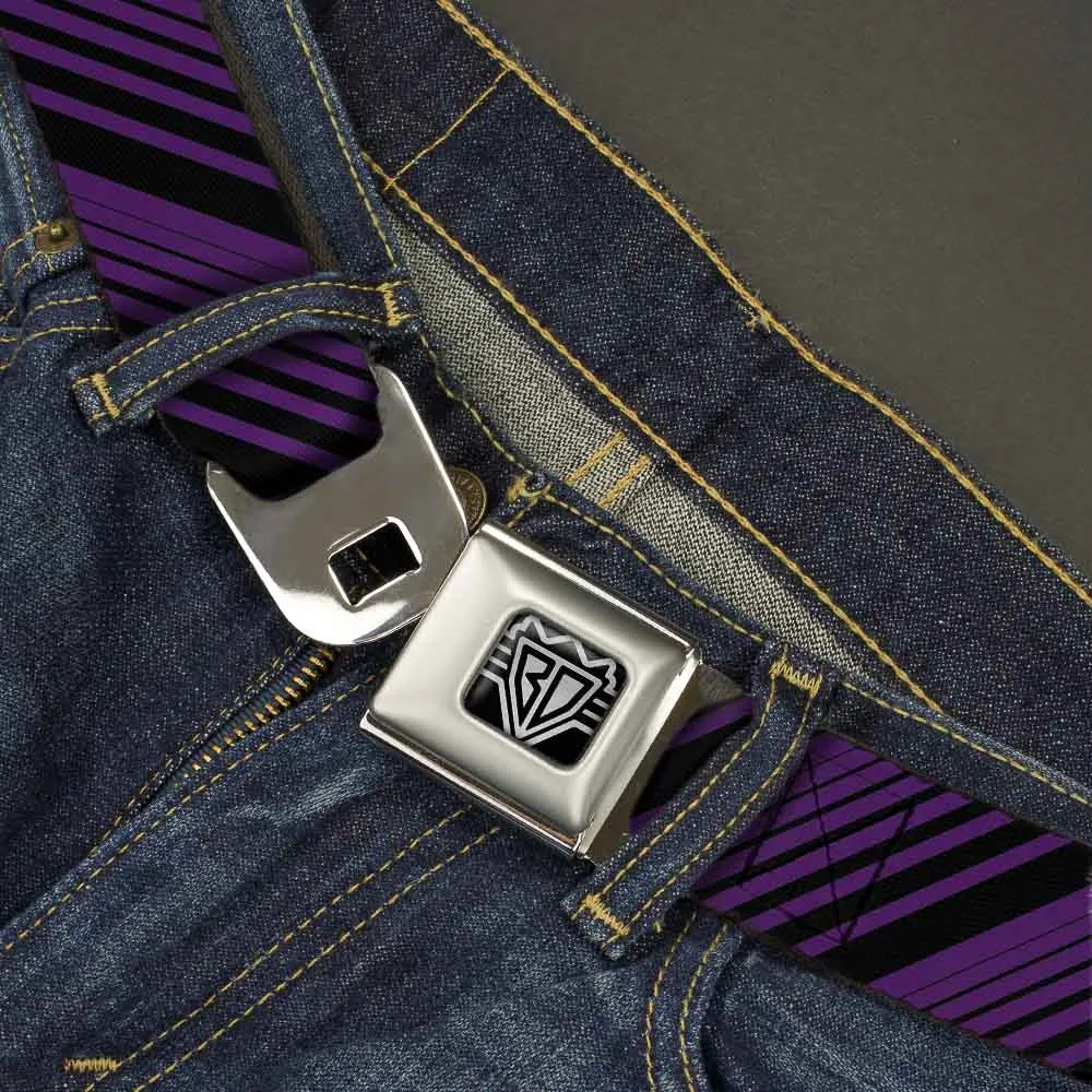 BD Wings Logo CLOSE-UP Full Color Black Silver Seatbelt Belt - Diagonal Stripes Purples Webbing