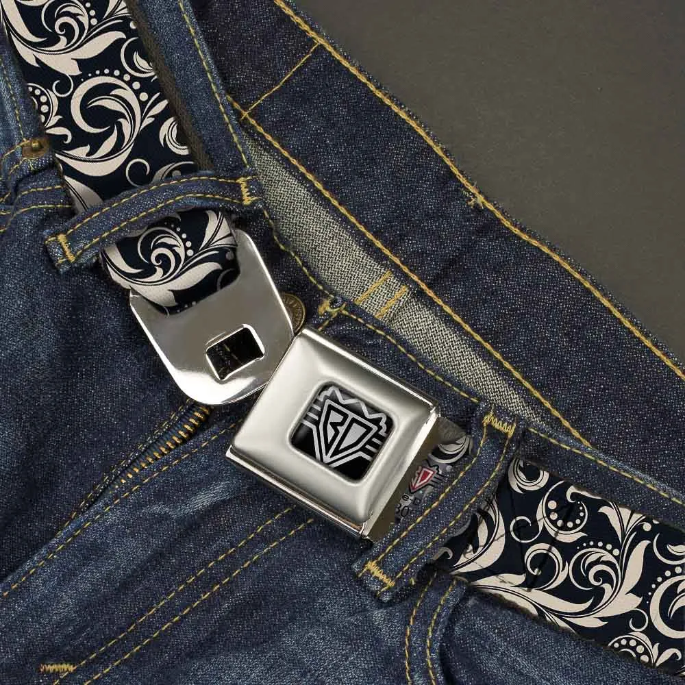 BD Wings Logo CLOSE-UP Full Color Black Silver Seatbelt Belt - Filigree Navy/Khaki Webbing