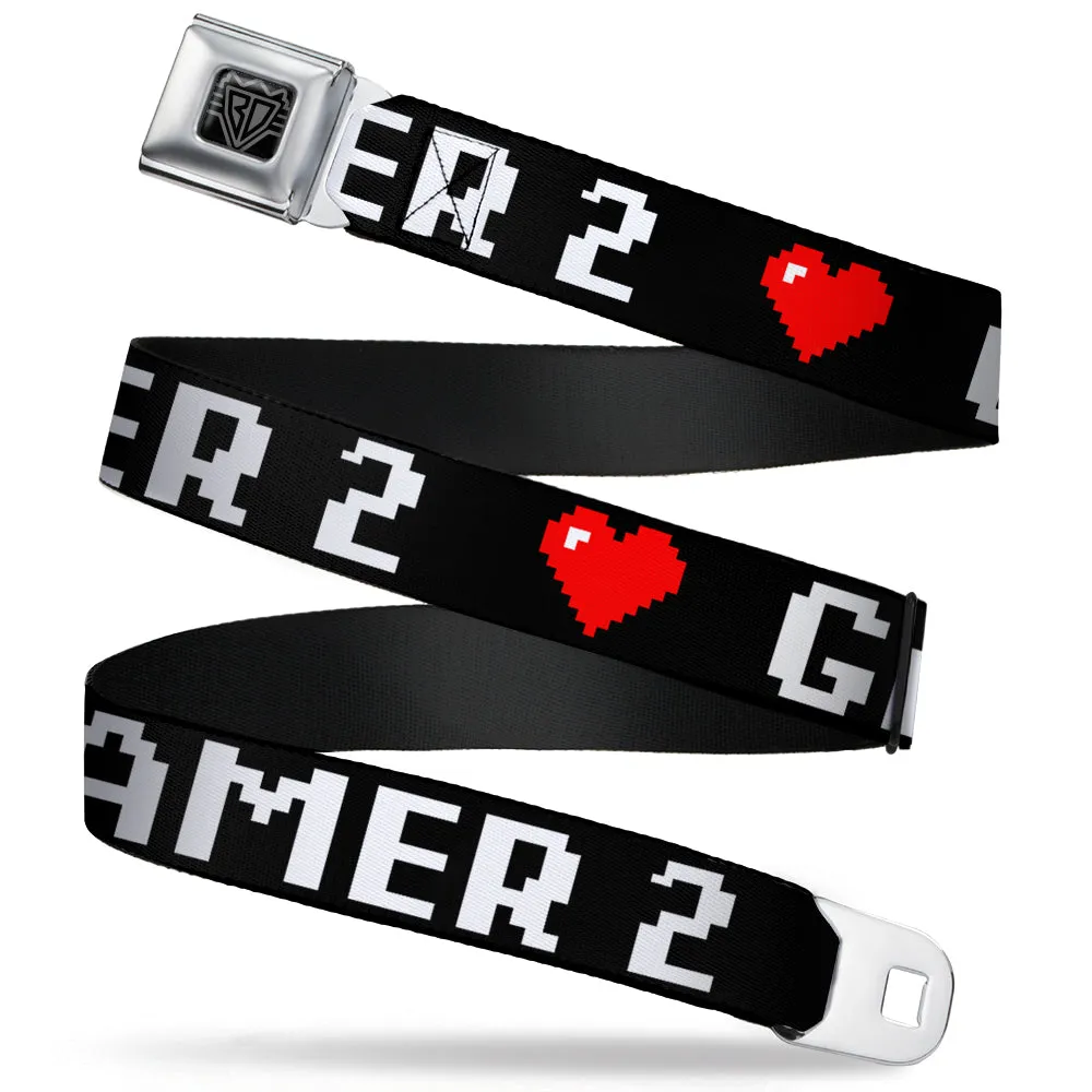 BD Wings Logo CLOSE-UP Full Color Black Silver Seatbelt Belt - GAMER 2/Heart 8-Bit Black/White/Red Webbing