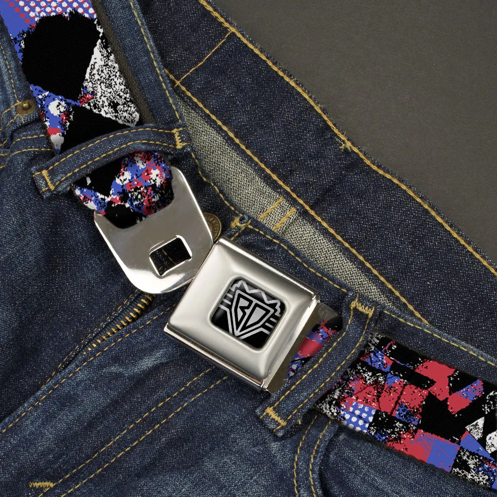 BD Wings Logo CLOSE-UP Full Color Black Silver Seatbelt Belt - Grunge Checker Flag Blue/Red Webbing