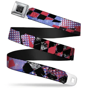 BD Wings Logo CLOSE-UP Full Color Black Silver Seatbelt Belt - Grunge Checker Flag Blue/Red Webbing