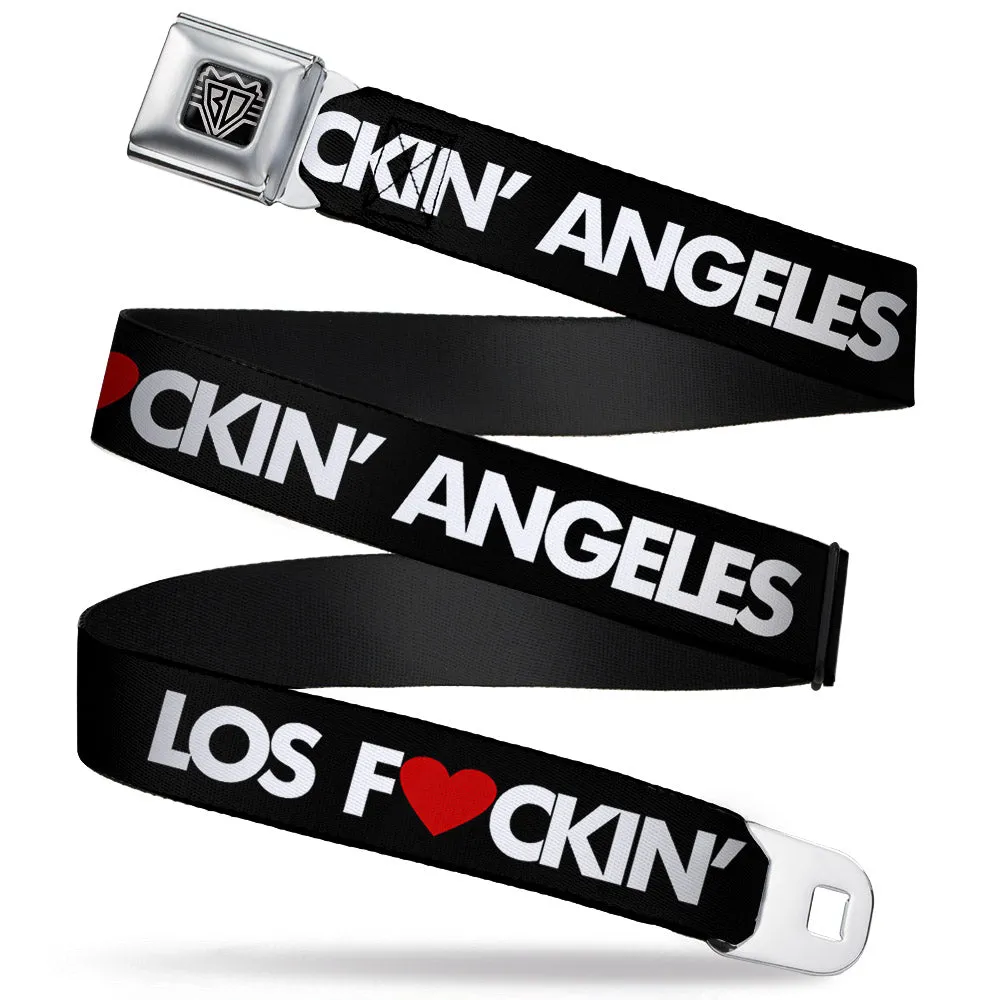 BD Wings Logo CLOSE-UP Full Color Black Silver Seatbelt Belt - LOS F*CKIN' ANGELES Heart Black/White/Red Webbing