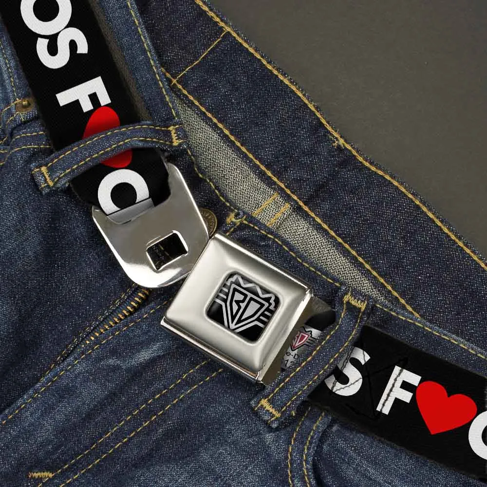 BD Wings Logo CLOSE-UP Full Color Black Silver Seatbelt Belt - LOS F*CKIN' ANGELES Heart Black/White/Red Webbing