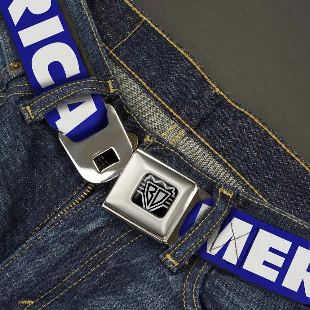 BD Wings Logo CLOSE-UP Full Color Black Silver Seatbelt Belt - 'MERICA/USA Silhouette Blue/White/US Flag Webbing