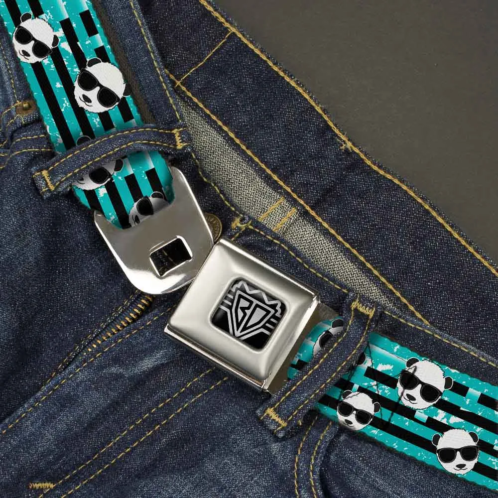 BD Wings Logo CLOSE-UP Full Color Black Silver Seatbelt Belt - Multi Panda w/Sunglasses Stripe Turquoise/Black Webbing