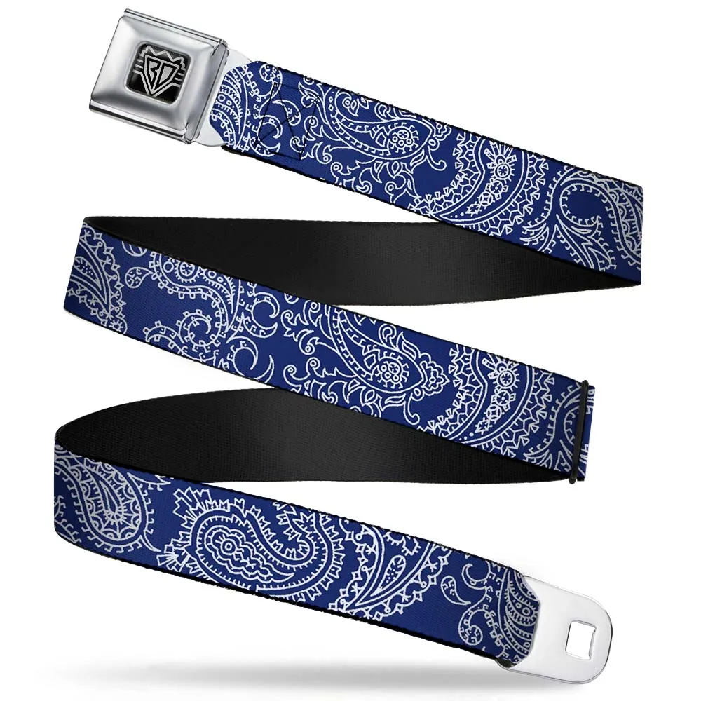 BD Wings Logo CLOSE-UP Full Color Black Silver Seatbelt Belt - Paisley Blue/White Webbing