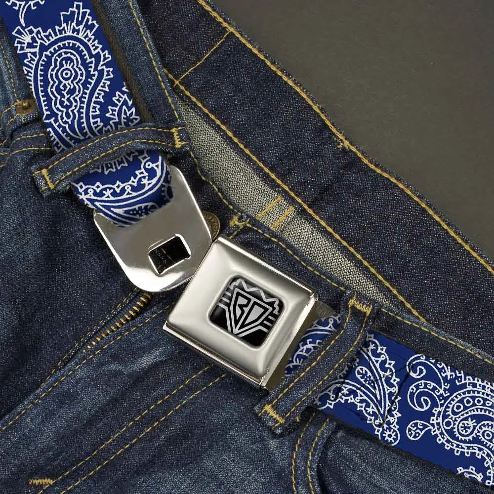 BD Wings Logo CLOSE-UP Full Color Black Silver Seatbelt Belt - Paisley Blue/White Webbing