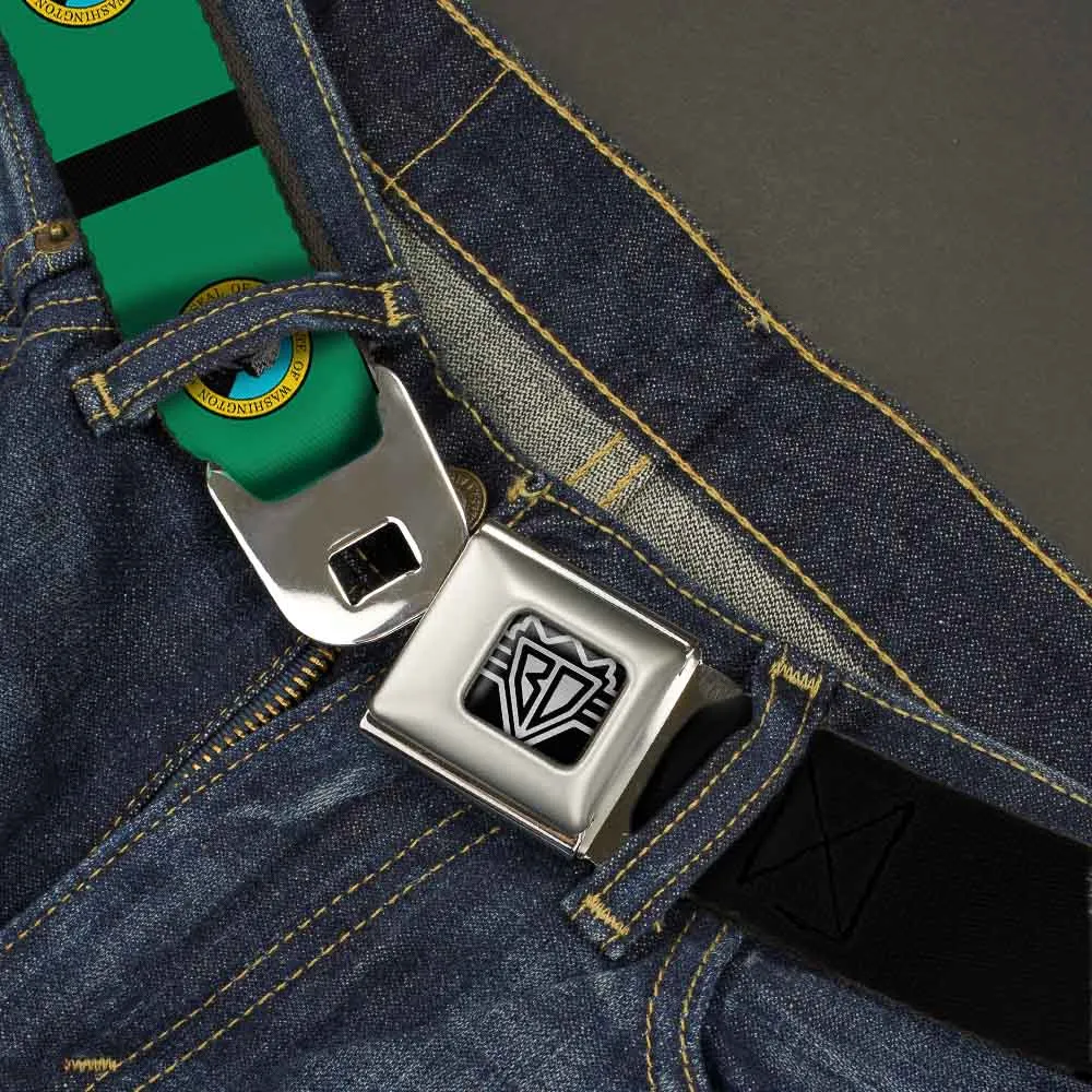 BD Wings Logo CLOSE-UP Full Color Black Silver Seatbelt Belt - Washington Flags/Black Webbing