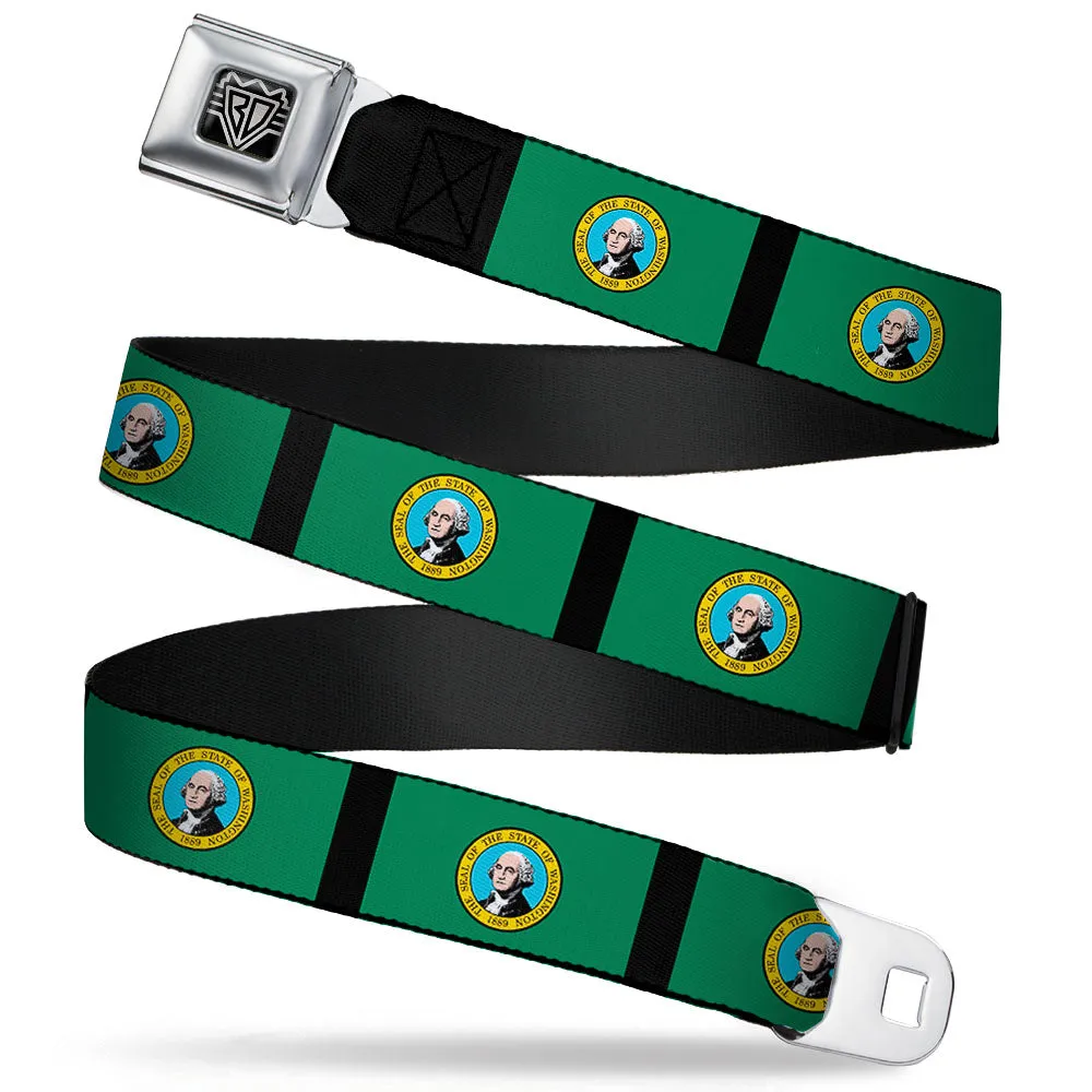 BD Wings Logo CLOSE-UP Full Color Black Silver Seatbelt Belt - Washington Flags/Black Webbing