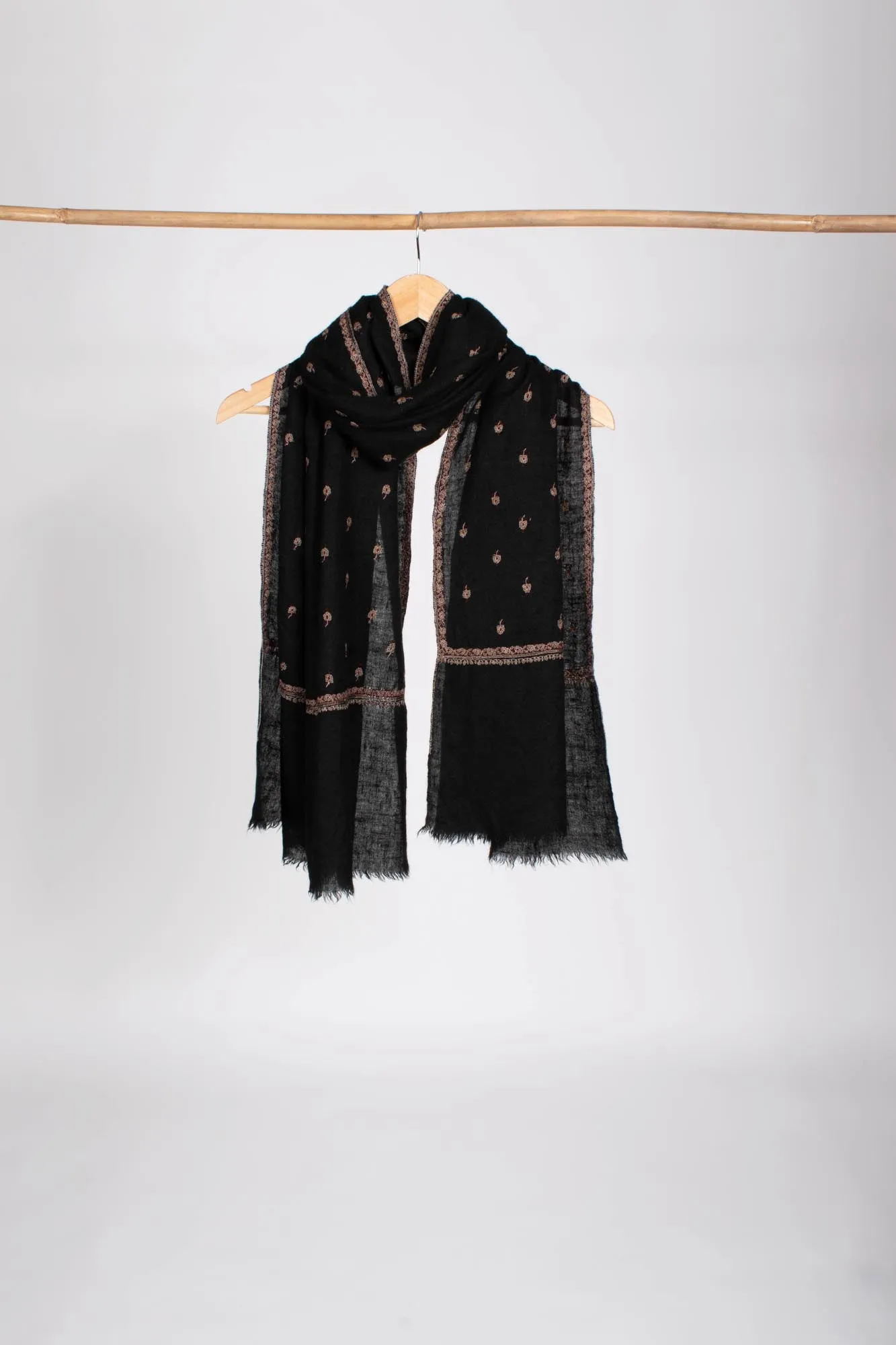 Black Embroidered Buteh Cashmere Scarf- YUMA