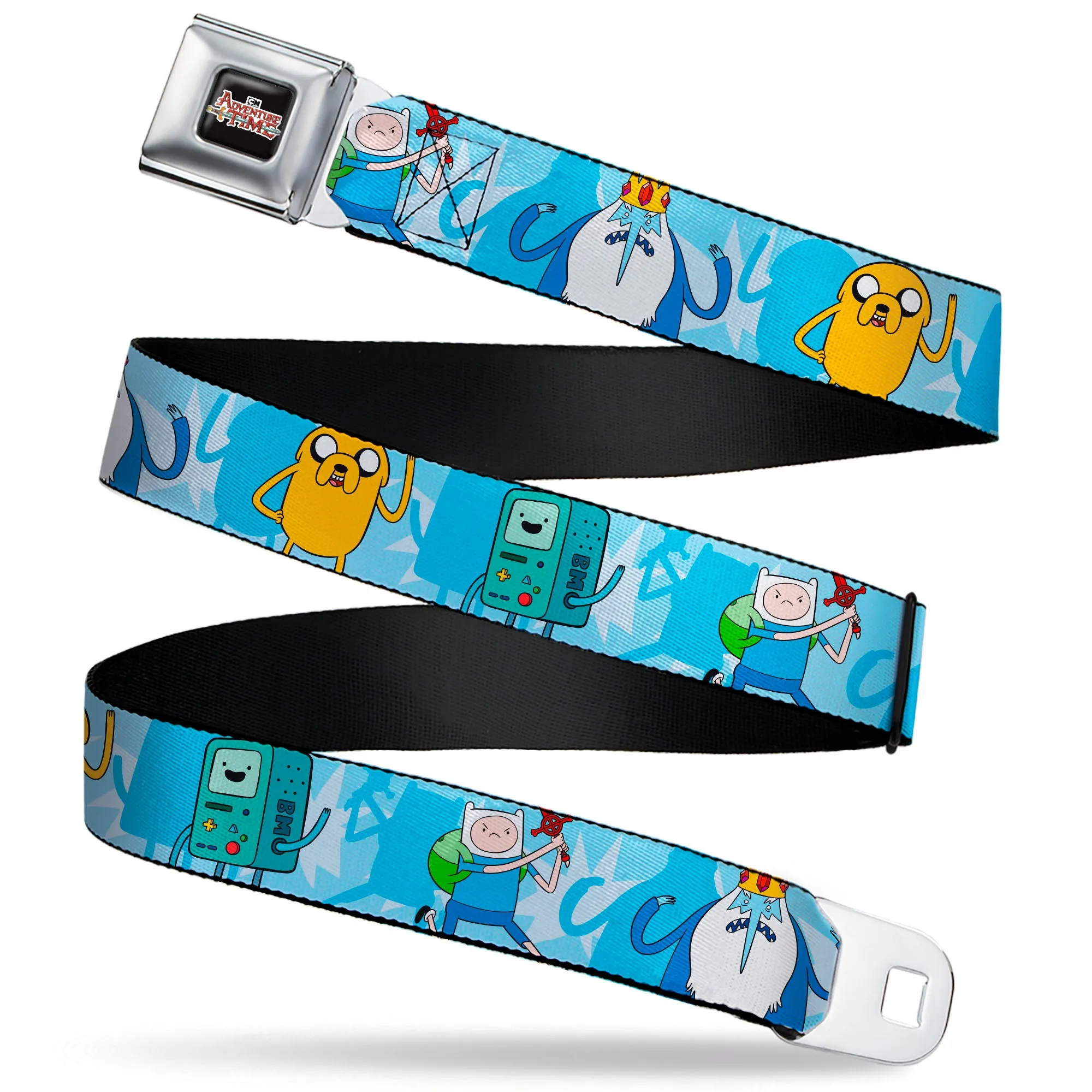 Cartoon Network ADVENTURE TIME Title Logo Full Color Black Seatbelt Belt - Adventure Time BMO Finn Ice King Jake Group Pose Blues Webbing