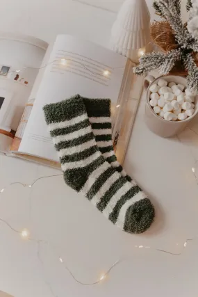 Comfy Cozy Striped Fuzzy Socks - GREEN - FINAL SALE