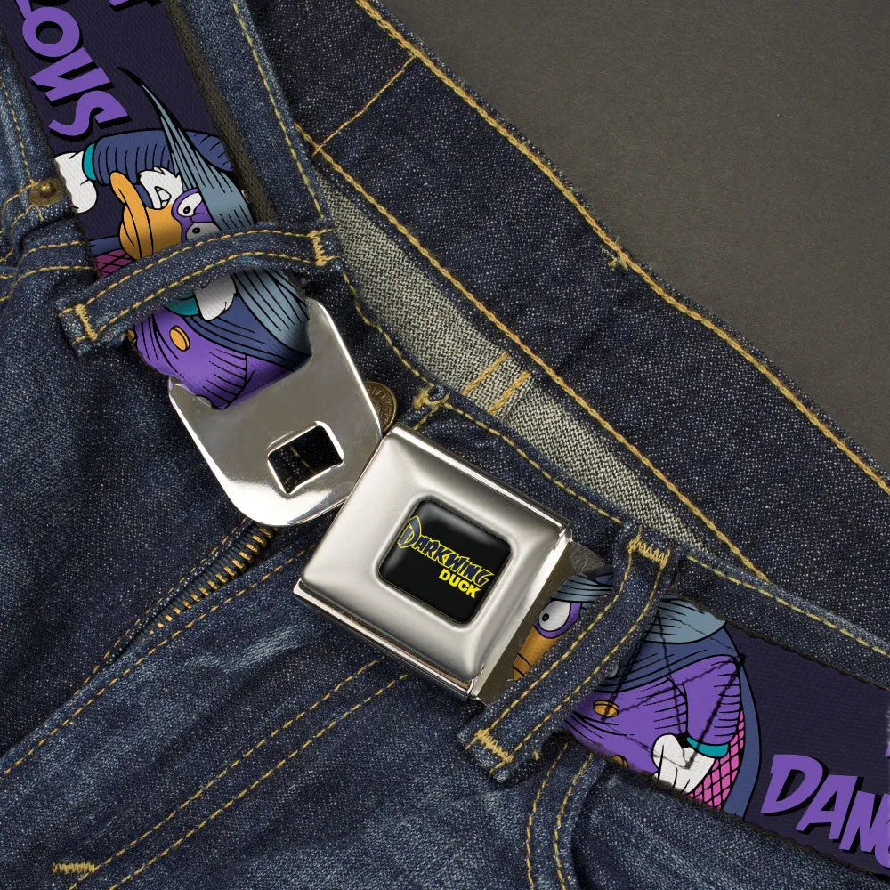 DARKWING DUCK Logo Full Color Black/Yellow/Purple Seatbelt Belt - Darkwing Duck Pose LET'S GET DANGEROUS Black/Purples Webbing