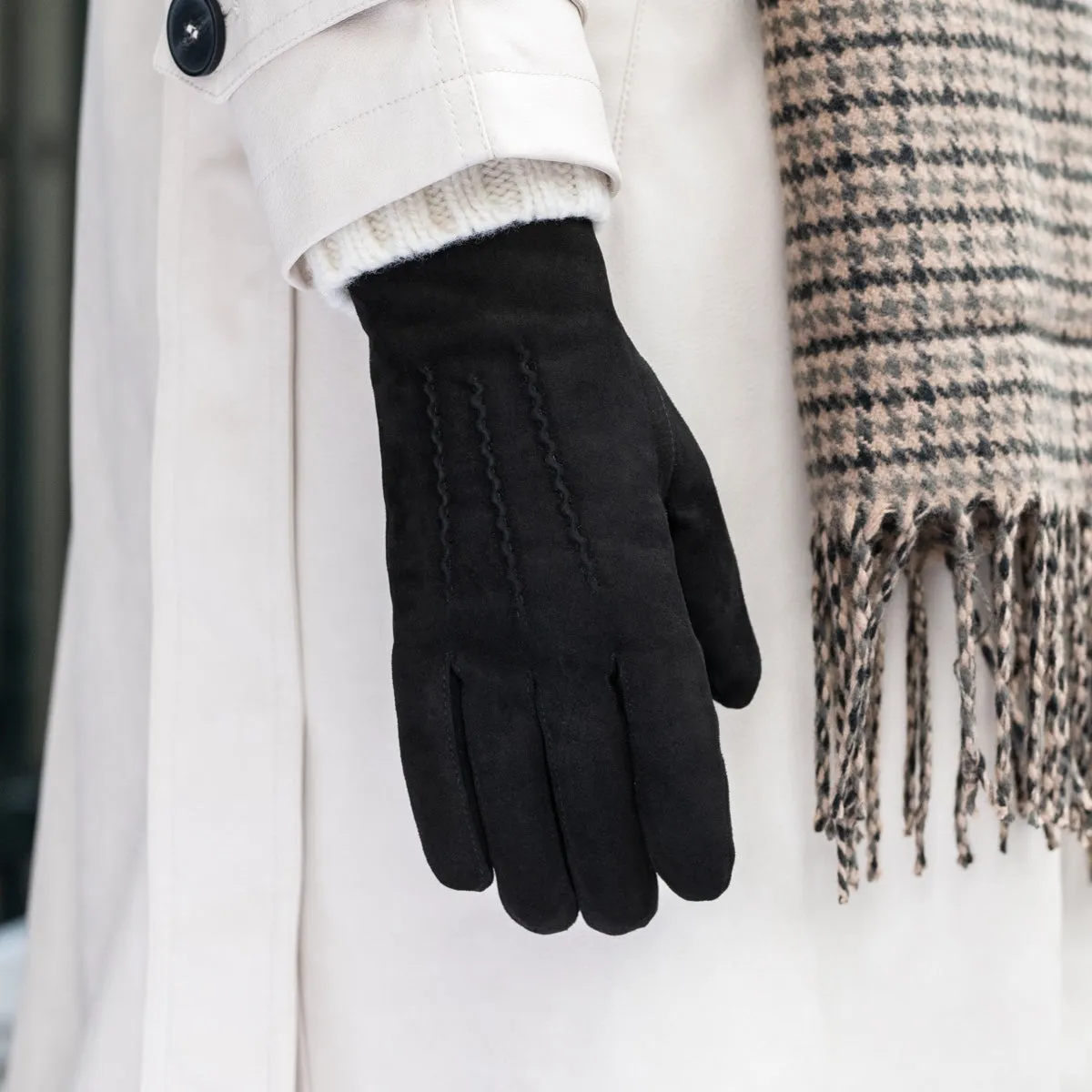 Elizabeth (black) - suede leather gloves with warm faux fur lining