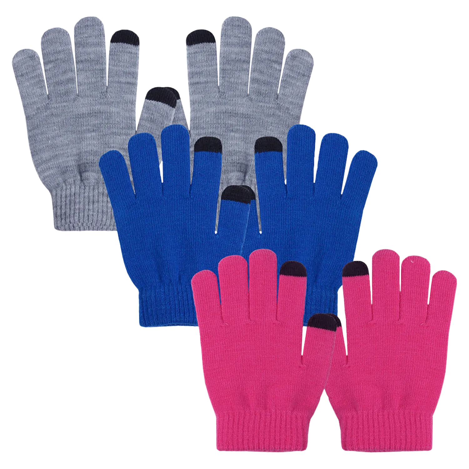 EvridWear Kids Touchscreen Grey/Blue/Pink Gloves - 3 Pairs