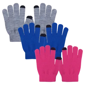 EvridWear Kids Touchscreen Grey/Blue/Pink Gloves - 3 Pairs