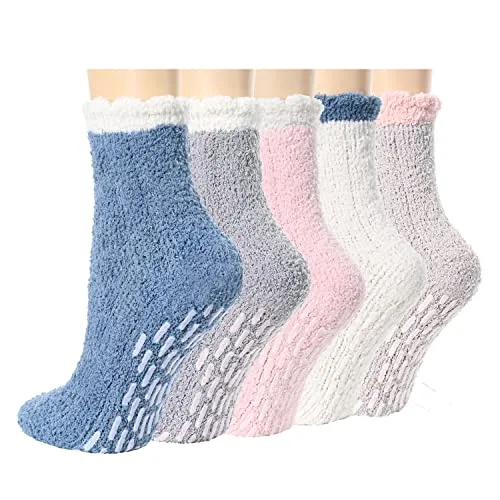 Fuzzy Anti-Slip Socks for Women Girls, Non Slip Slipper Socks with Grippers, Fluffy Socks Fuzzy Socks 5 Pairs