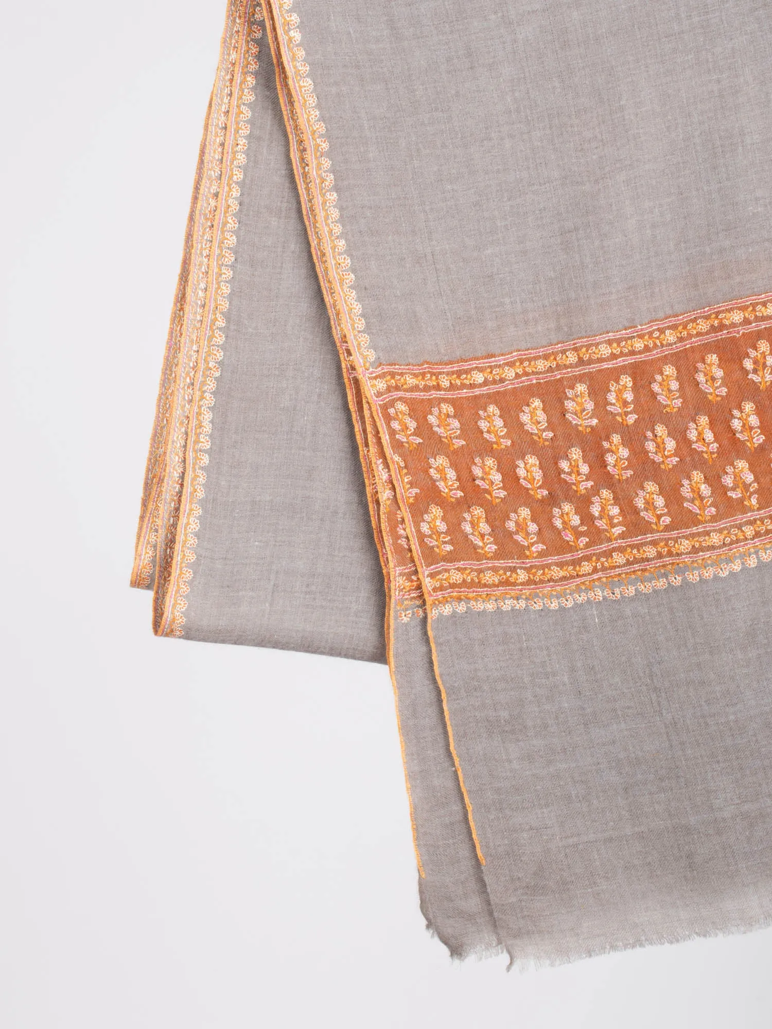 Gray and Orange Embroidered Beautiful Cashmere Wrap - MARQUETTE