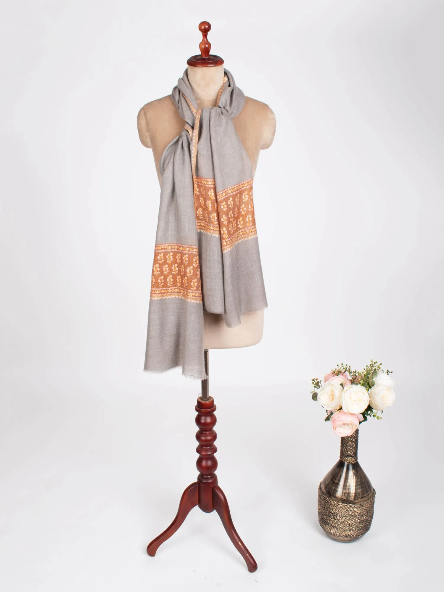 Gray and Orange Embroidered Beautiful Cashmere Wrap - MARQUETTE