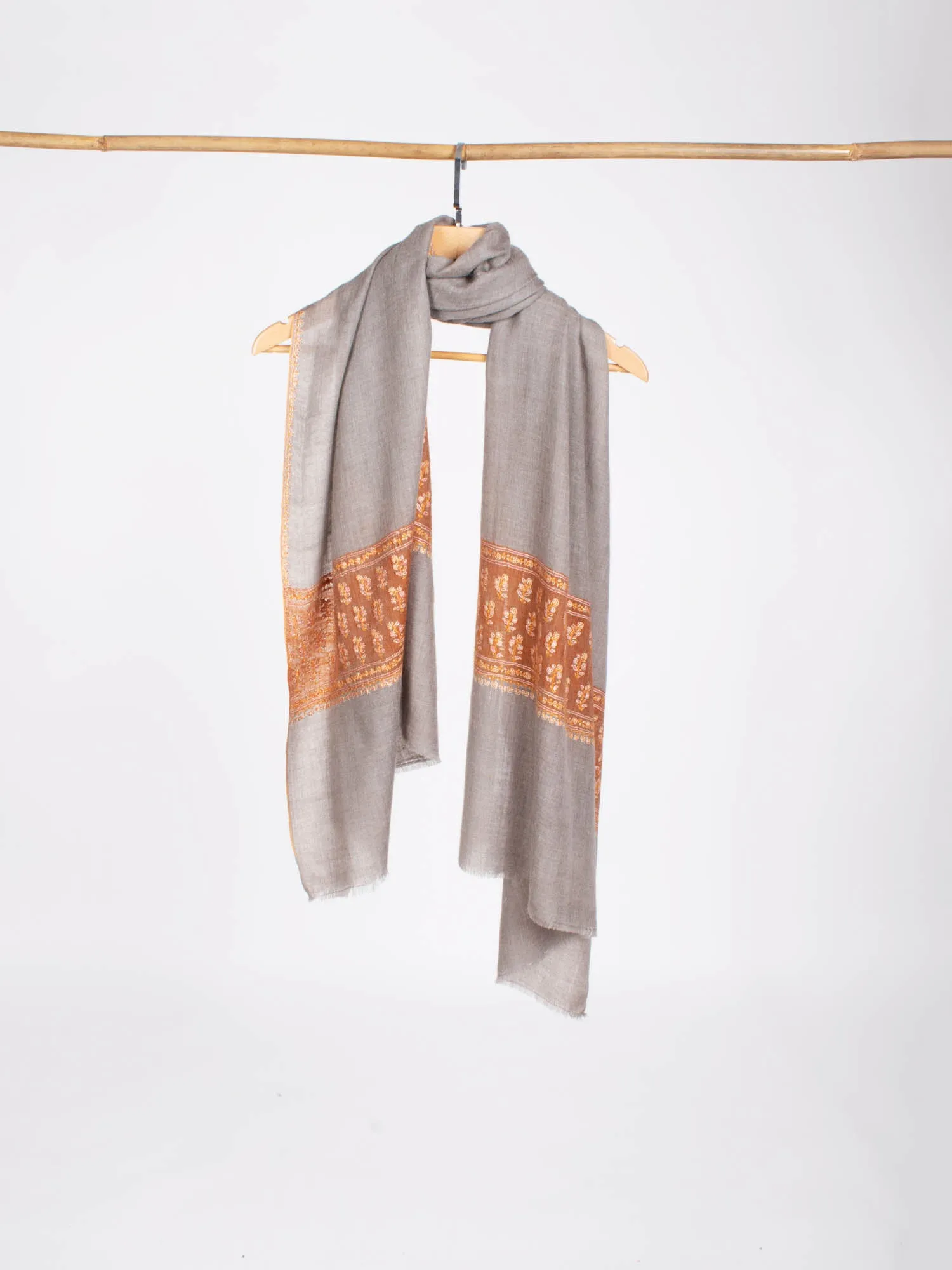 Gray and Orange Embroidered Beautiful Cashmere Wrap - MARQUETTE