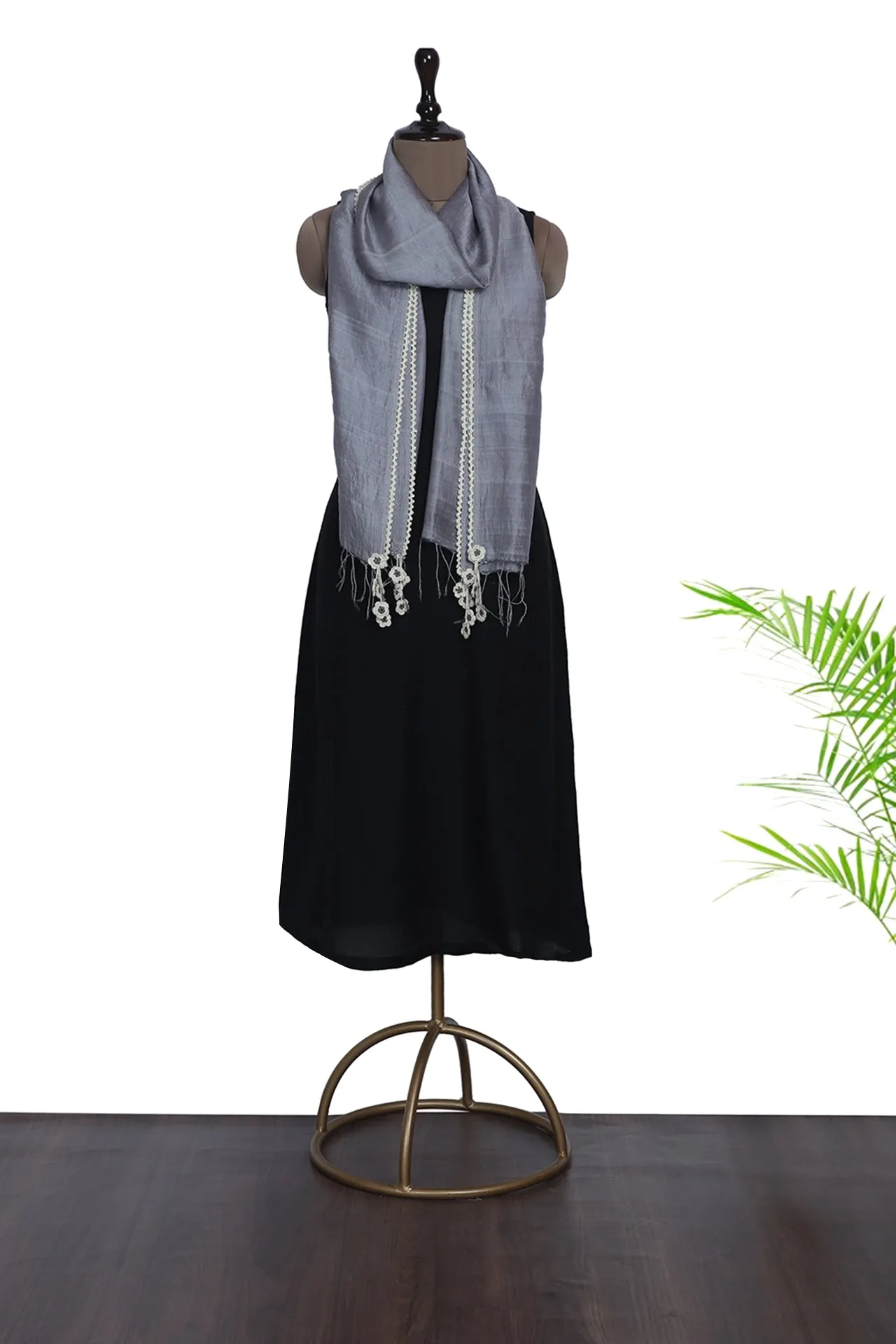 Grey Color Embroidered Mulberry Silk Stole