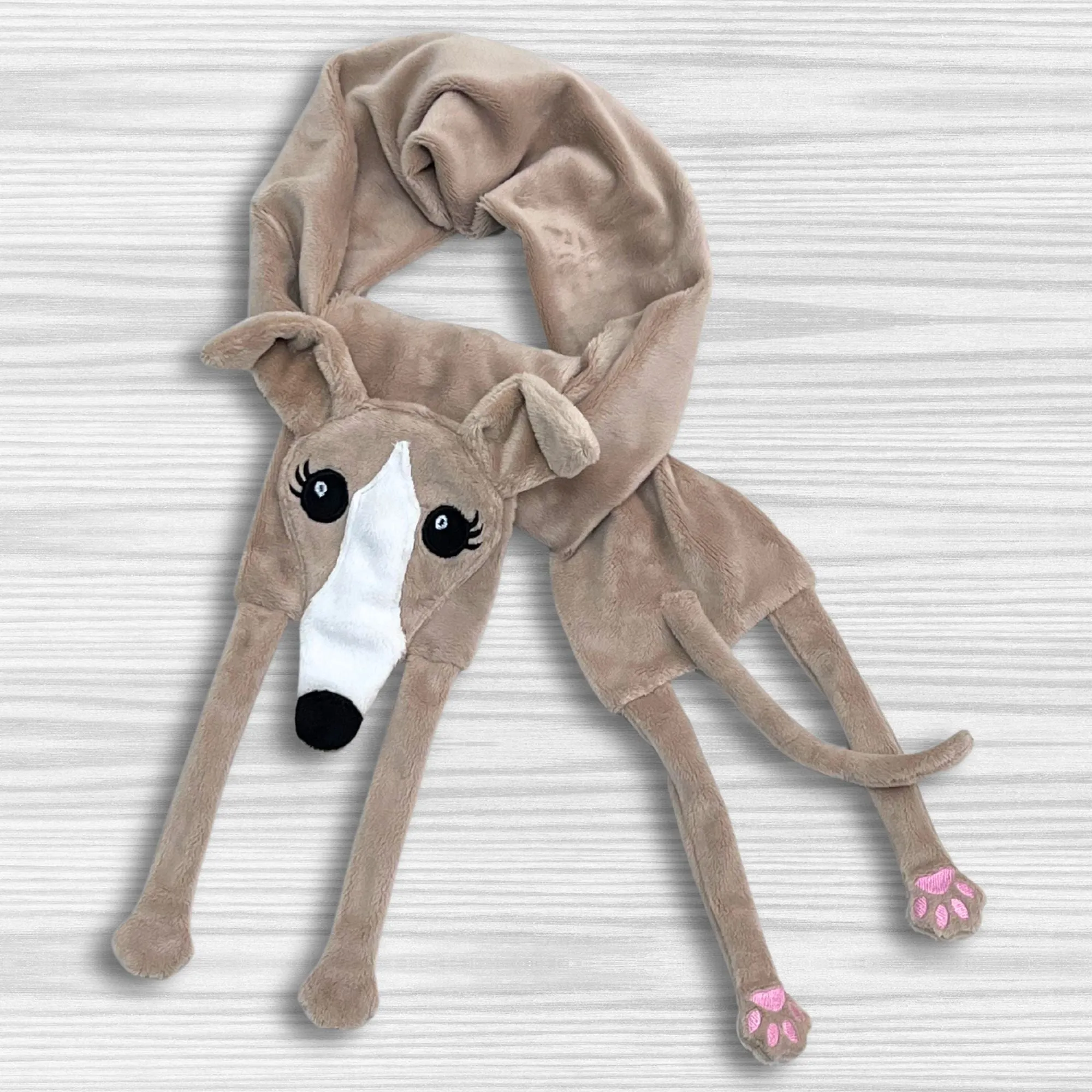 Houndie Cuddler Scarf Greyhound Whippet Tan with Blaze and Eyelashes