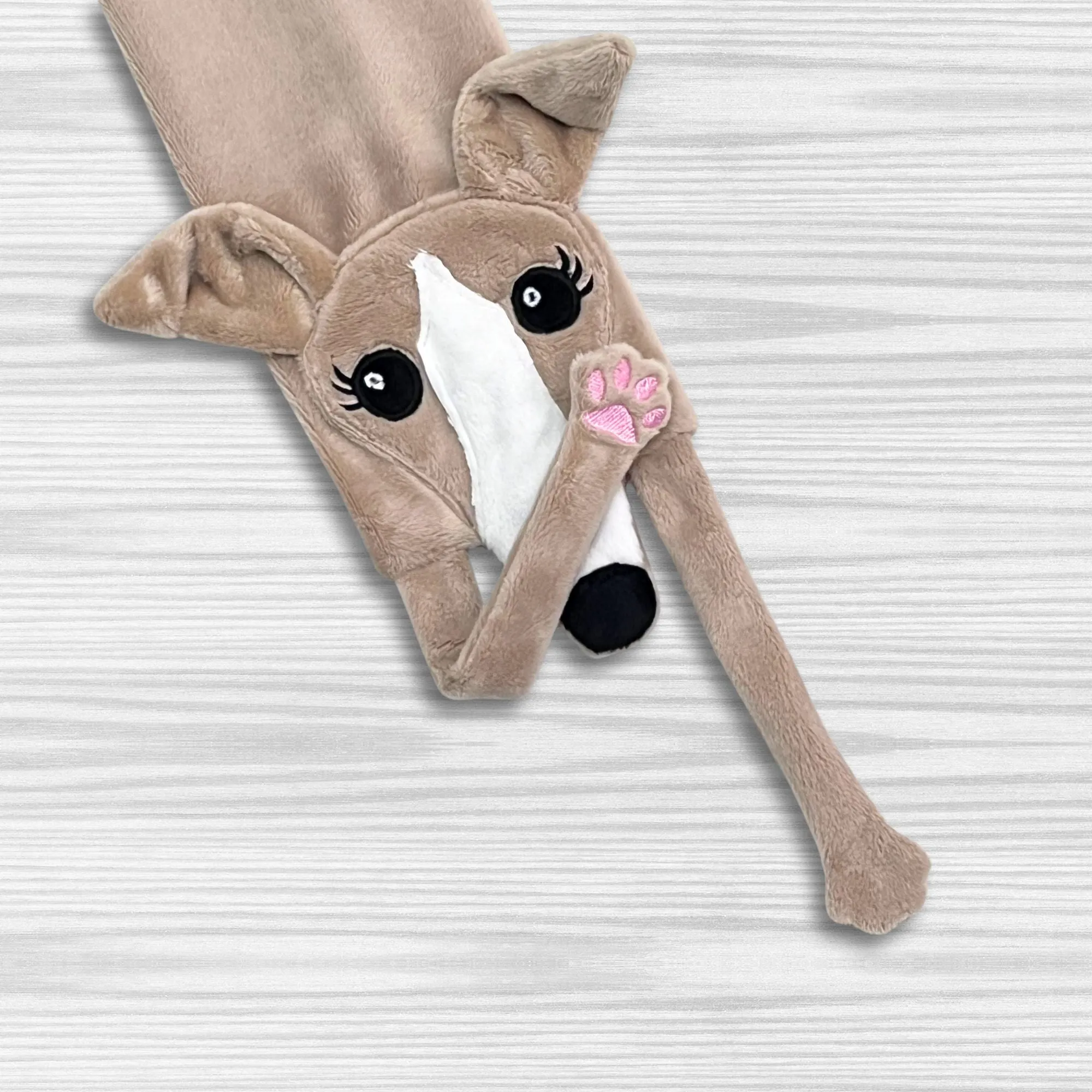 Houndie Cuddler Scarf Greyhound Whippet Tan with Blaze and Eyelashes