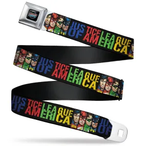 JUSTICE LEAGUE OF AMERICA Badge Black/White/Red/Blue Seatbelt Belt - JUSTICE LEAGUE OF AMERICA w/Superhero Blocks Black/Multi Color Webbing