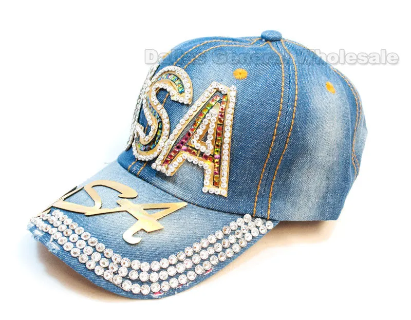 Ladies USA Studded Fashion Denim Caps Wholesale