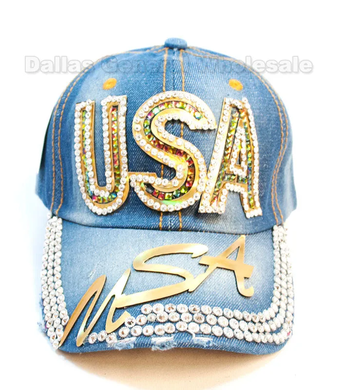 Ladies USA Studded Fashion Denim Caps Wholesale