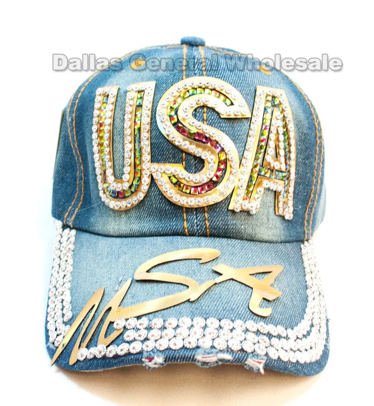 Ladies USA Studded Fashion Denim Caps Wholesale