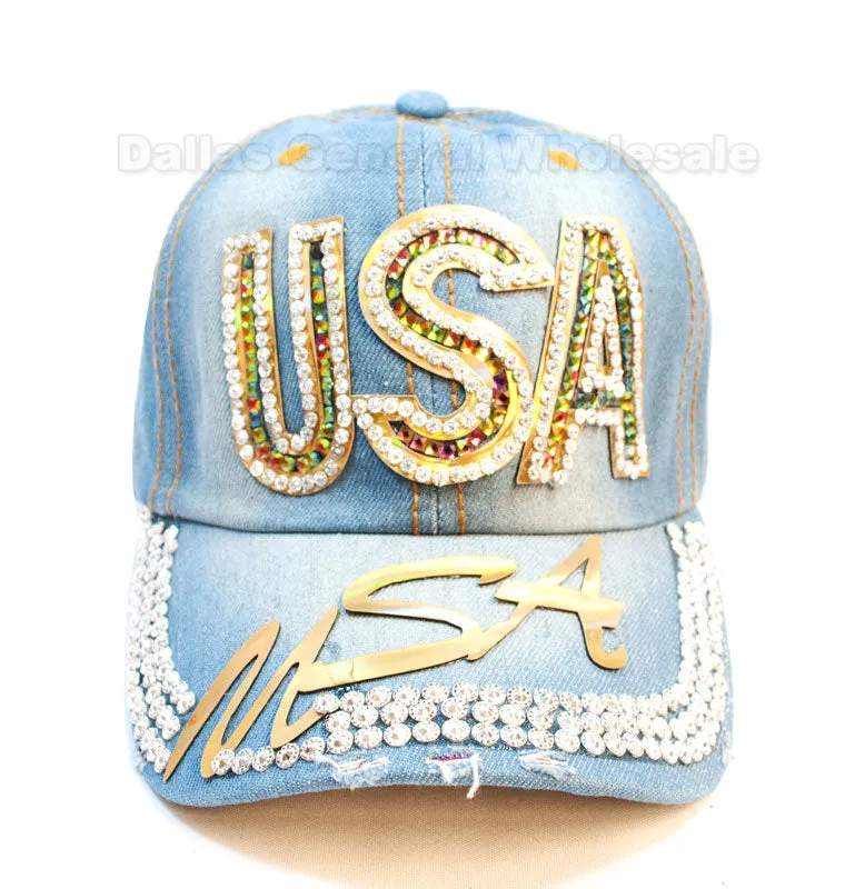 Ladies USA Studded Fashion Denim Caps Wholesale