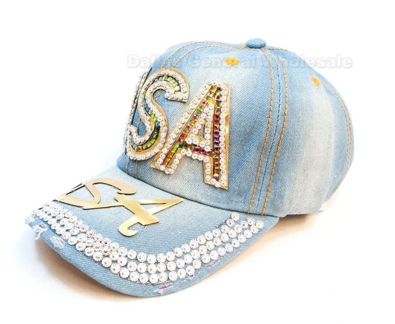 Ladies USA Studded Fashion Denim Caps Wholesale