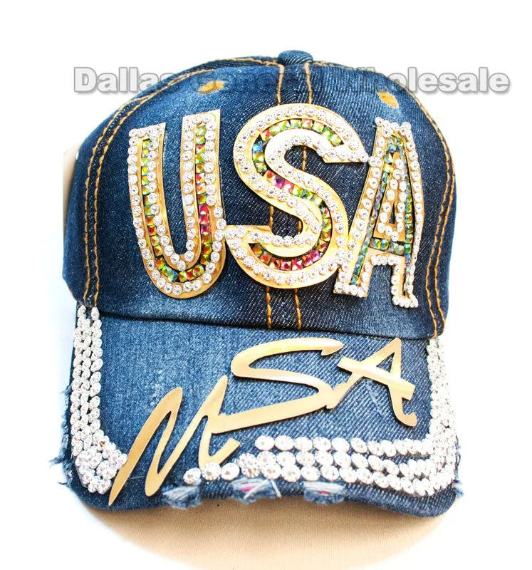 Ladies USA Studded Fashion Denim Caps Wholesale