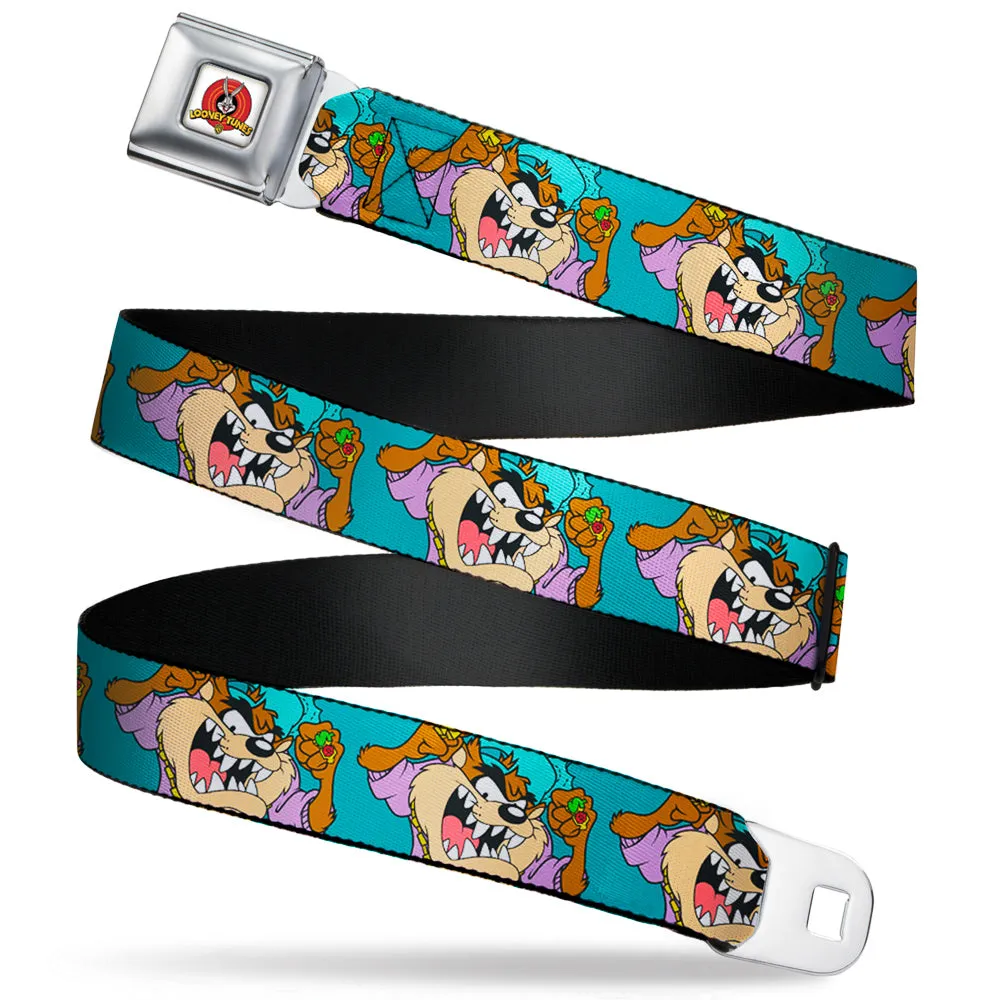 Looney Tunes Logo Full Color White Seatbelt Belt - Tasmanian Devil Hip Hop Expression2 Turquoise Webbing