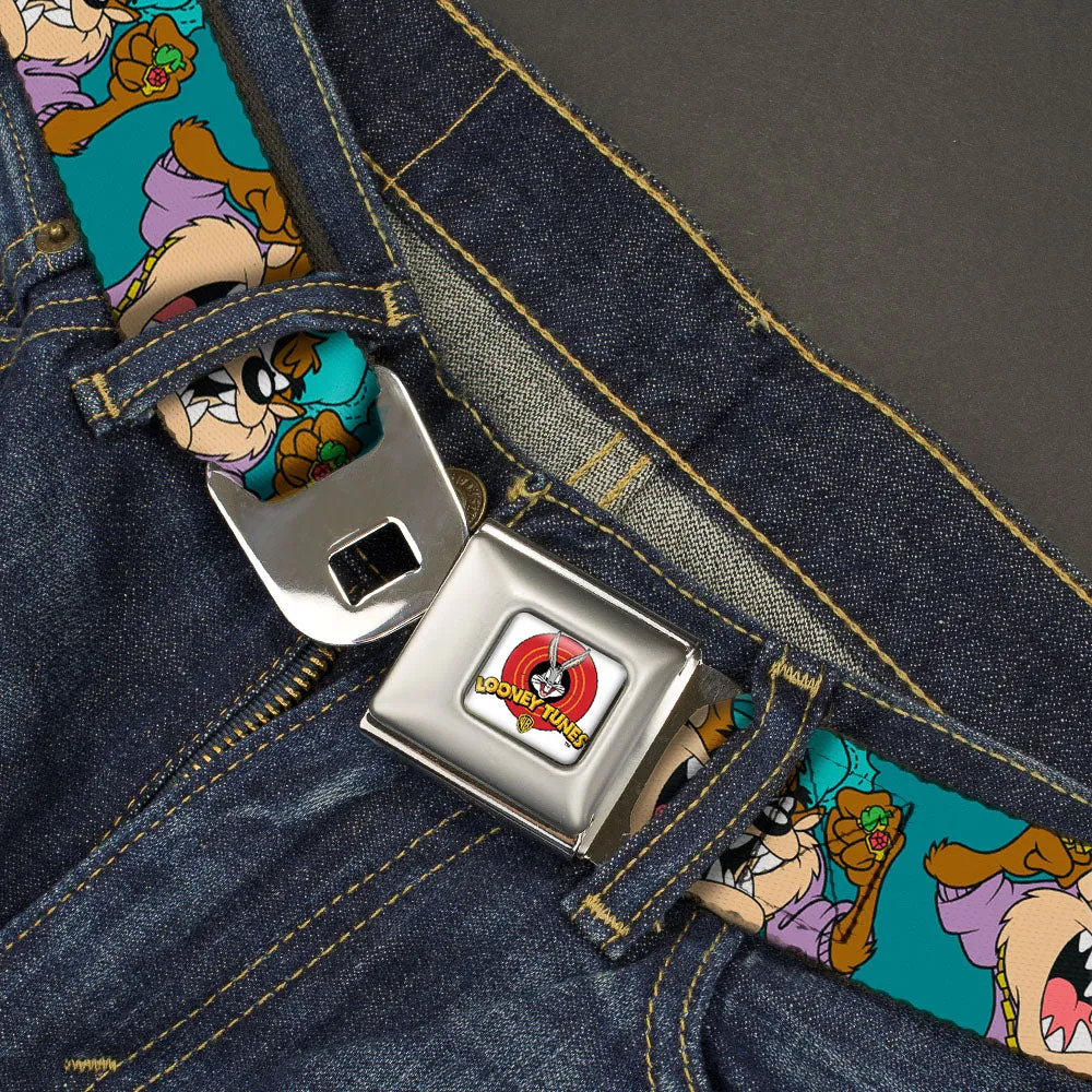 Looney Tunes Logo Full Color White Seatbelt Belt - Tasmanian Devil Hip Hop Expression2 Turquoise Webbing