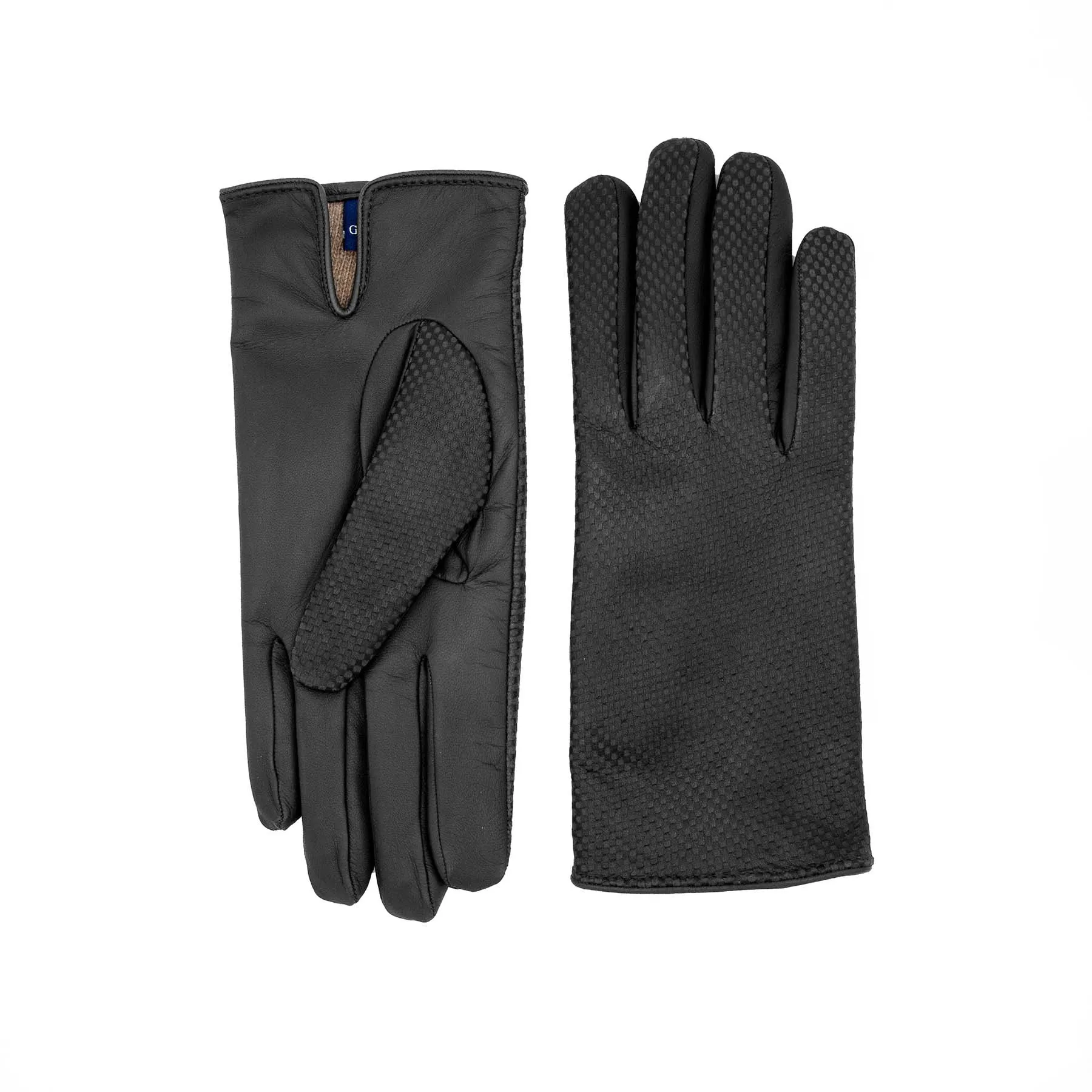 Men's black printed nappa touchscreen leather gloves and cashmere lining