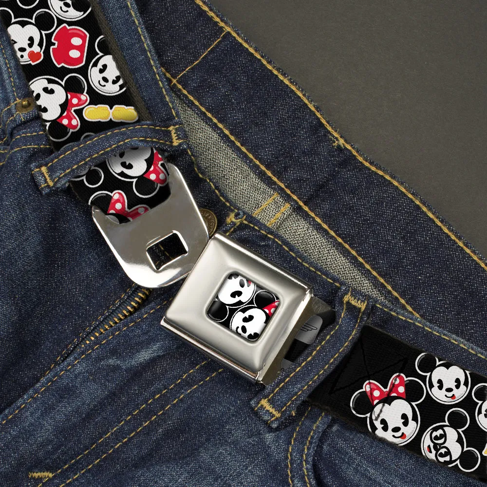 Mickey & Minnie Emojis CLOSE-UP Full Color Black Seatbelt Belt - Mickey & Minnie Emojis Scattered Black Webbing