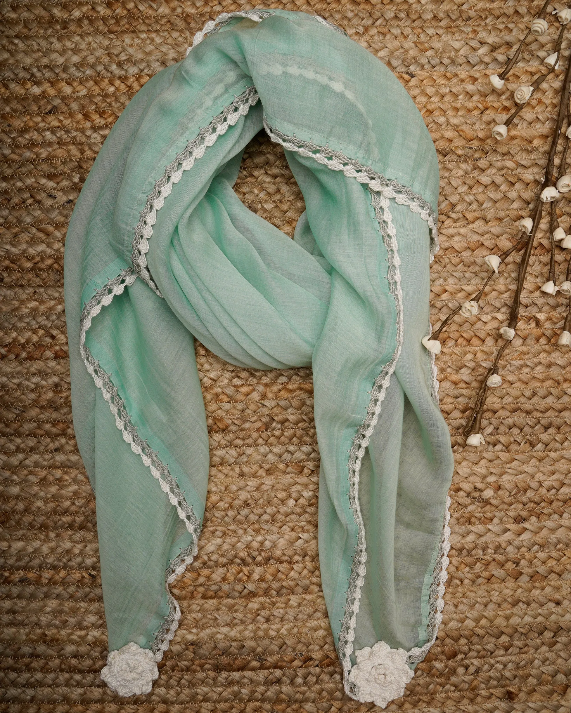 Mint Green Color Crochet Embroidered Pure Chanderi Scarf